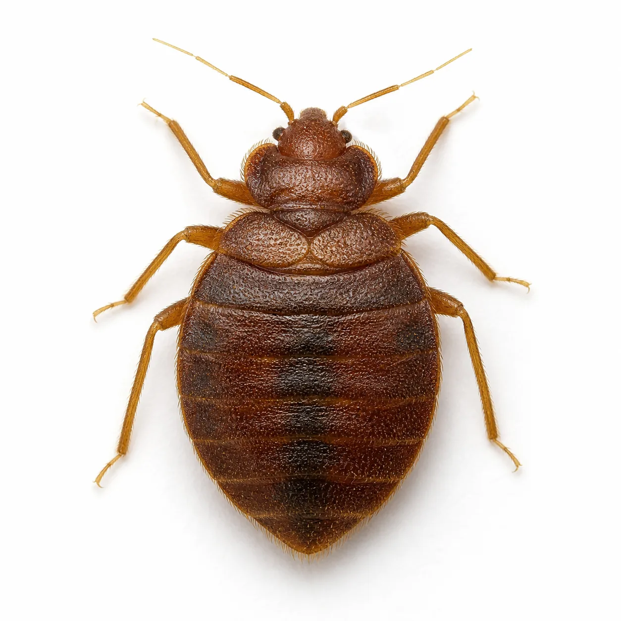 Punaise de lit adulte Cimex lectularius vue de dessus fond blanc : identification taille réelle 5-7 mm