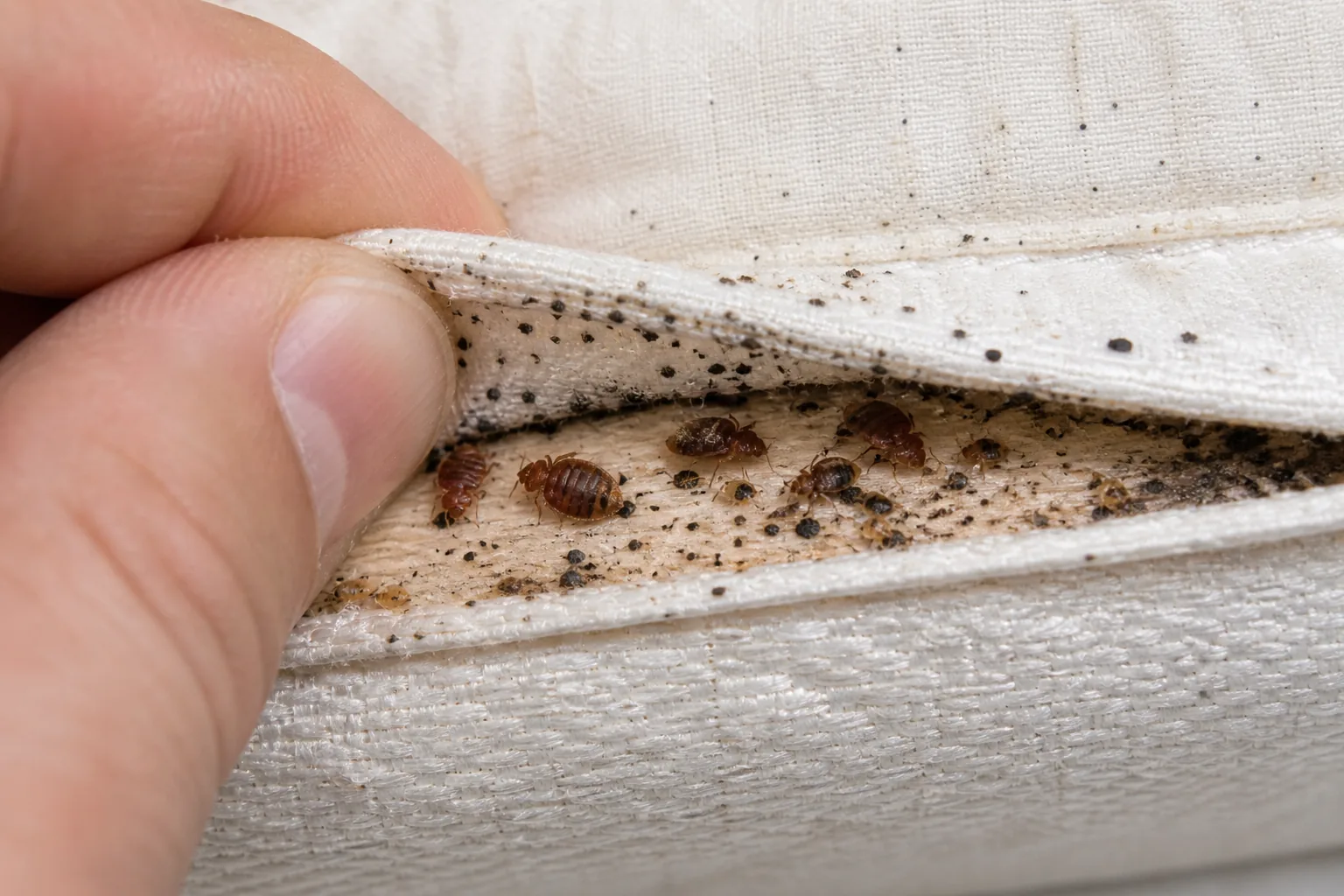 Punaises de lit adultes et déjections noires visibles dans la couture d'un matelas blanc : signe d'infestation active