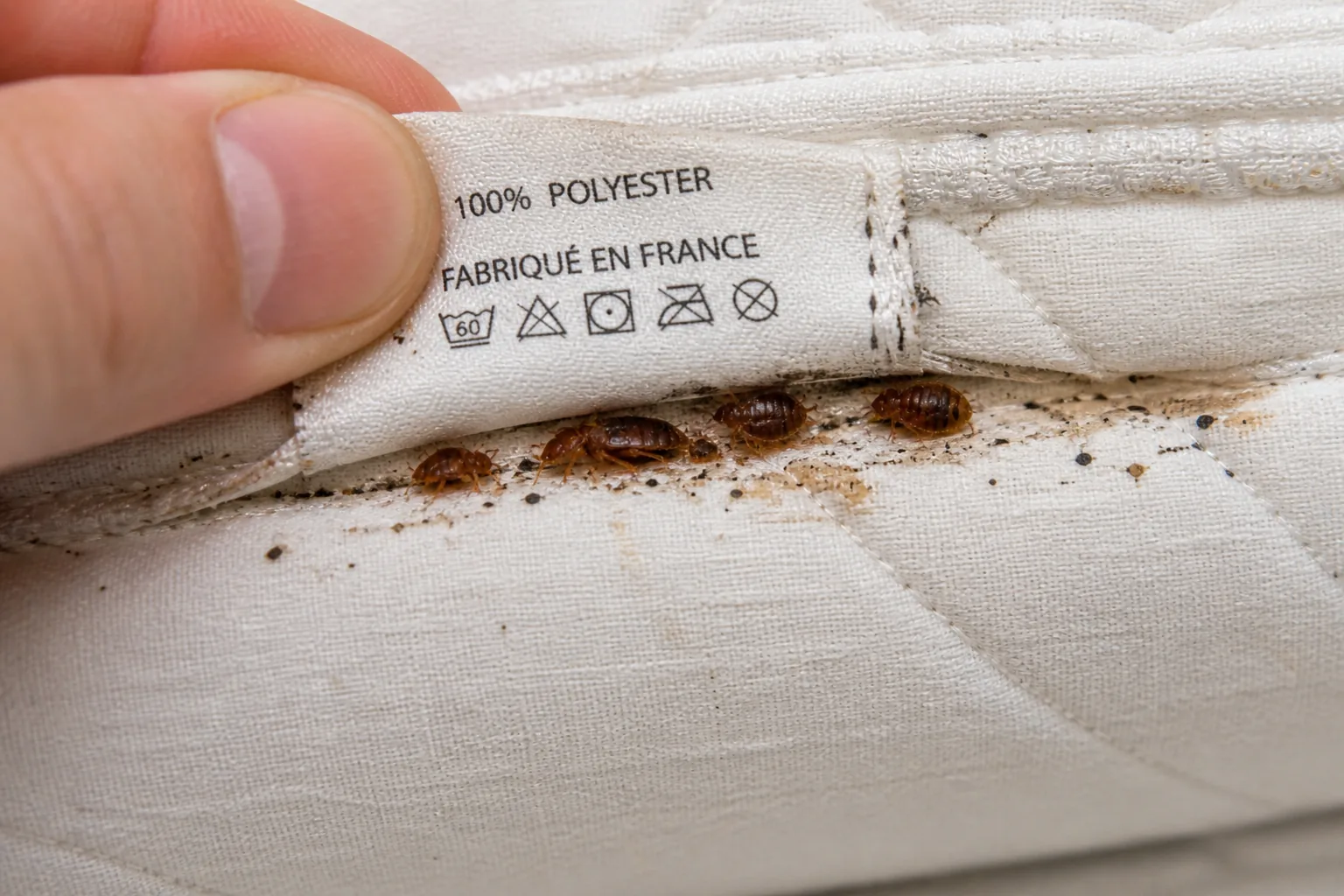 Main soulevant étiquette matelas avec punaises de lit adultes et déjections visibles